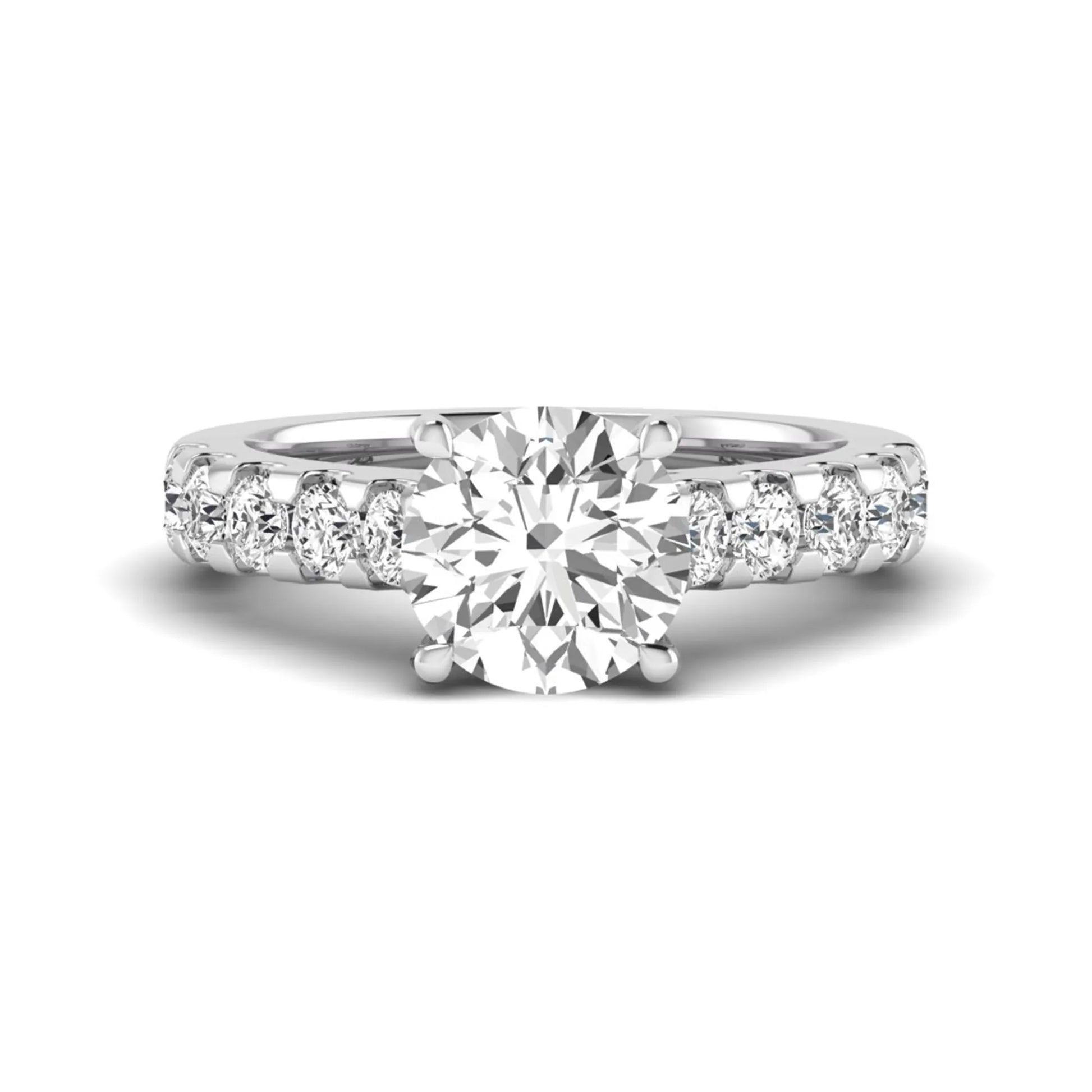 Round solitaire accent lab grown diamond engagement ring featuring a 2.50 carat round brilliant IGI certified center diamond with round accent diamonds on a white gold band.