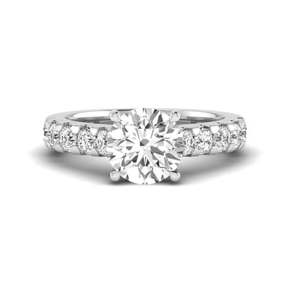 Round solitaire accent lab grown diamond engagement ring featuring a 2.50 carat round brilliant IGI certified center diamond with round accent diamonds on a white gold band.