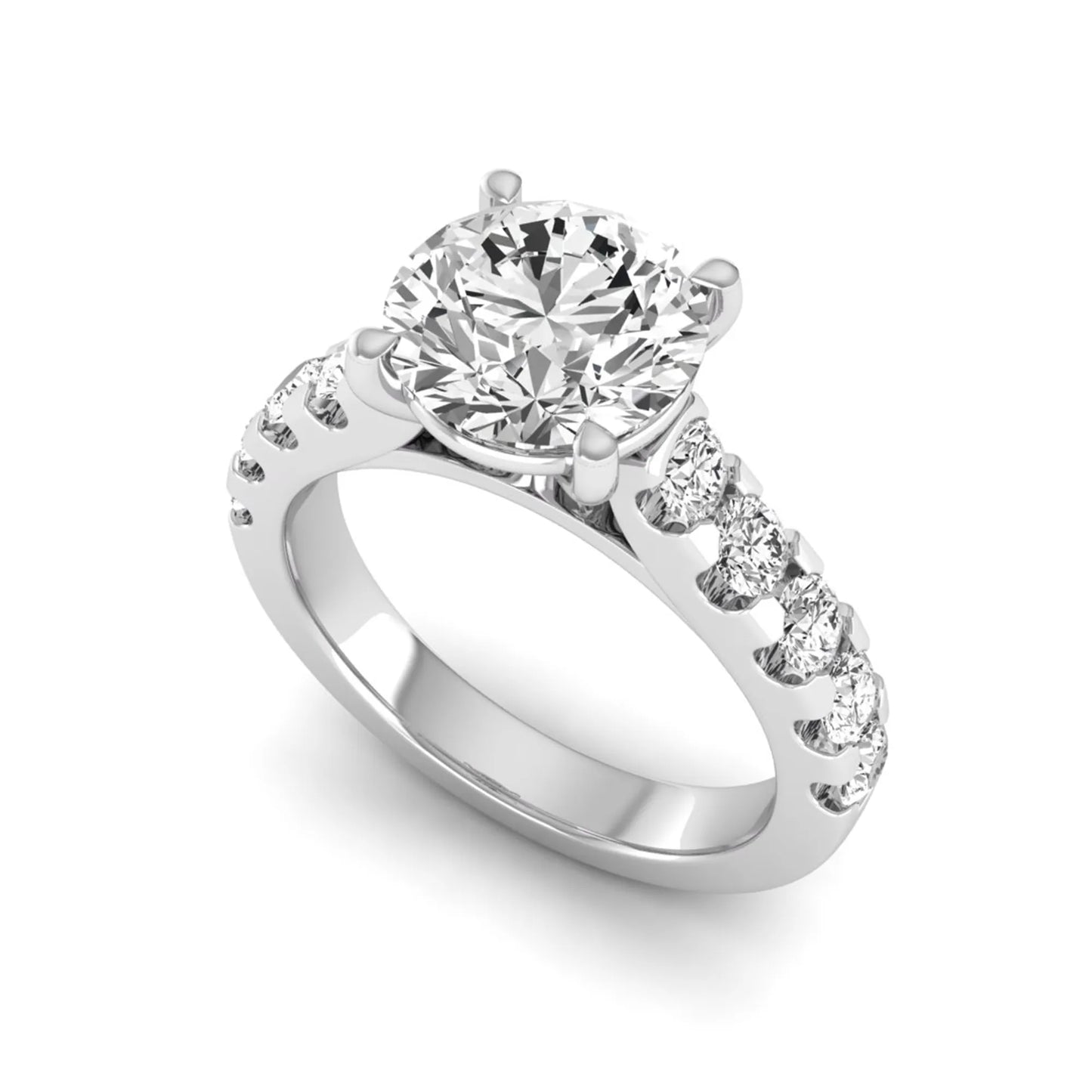 Round solitaire accent lab grown diamond engagement ring featuring a 2.50 carat round brilliant IGI certified center diamond with round accent diamonds on a white gold band.