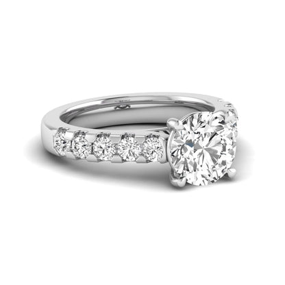 Round solitaire accent lab grown diamond engagement ring featuring a 2.50 carat round brilliant IGI certified center diamond with round accent diamonds on a white gold band.
