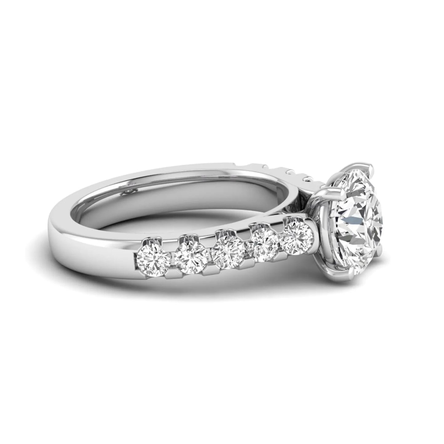 Round solitaire accent lab grown diamond engagement ring featuring a 2.50 carat round brilliant IGI certified center diamond with round accent diamonds on a white gold band.