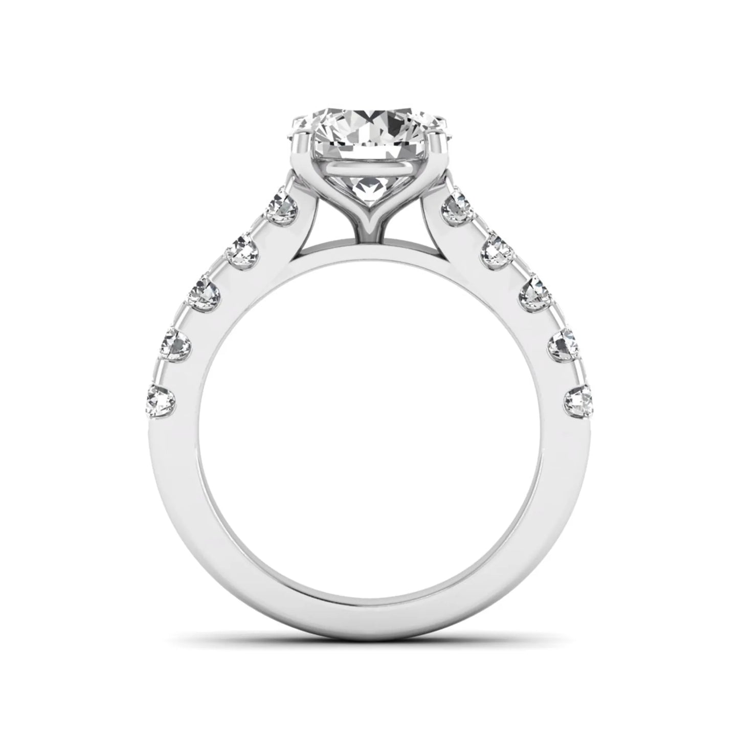 Round solitaire accent lab grown diamond engagement ring featuring a 2.50 carat round brilliant IGI certified center diamond with round accent diamonds on a white gold band.