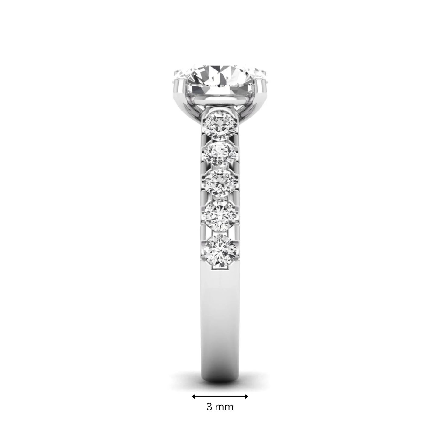 Round solitaire accent lab grown diamond engagement ring featuring a 2.50 carat round brilliant IGI certified center diamond with round accent diamonds on a white gold band.