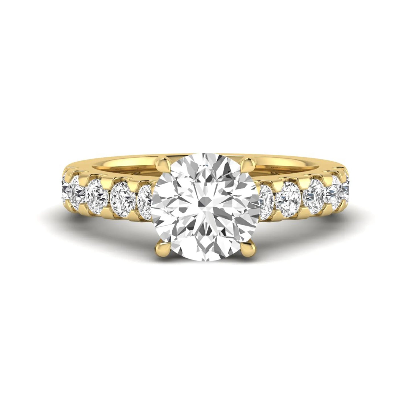 Round solitaire accent lab grown diamond engagement ring featuring a 2.50 carat round brilliant IGI certified center diamond with round accent diamonds on a yellow gold band.