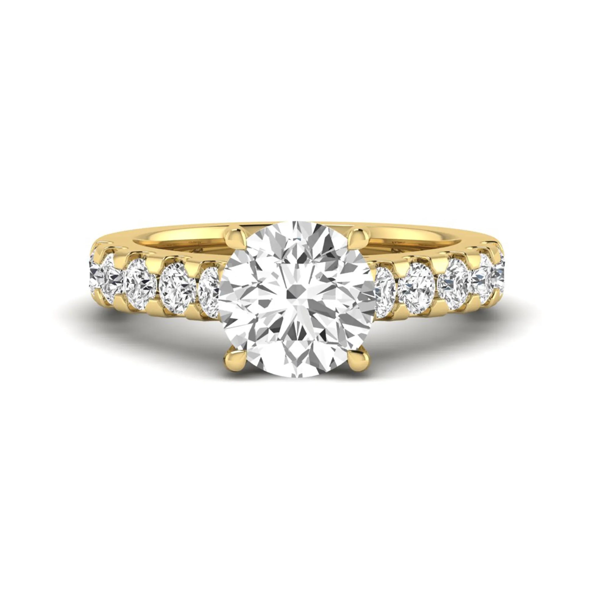 Round solitaire accent lab grown diamond engagement ring featuring a 2.50 carat round brilliant IGI certified center diamond with round accent diamonds on a yellow gold band.