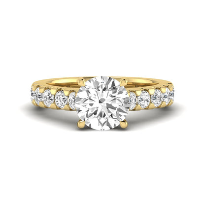 Round solitaire accent lab grown diamond engagement ring featuring a 2.50 carat round brilliant IGI certified center diamond with round accent diamonds on a yellow gold band.