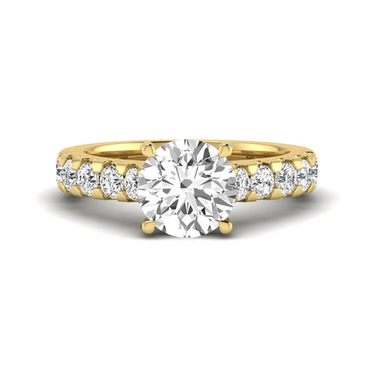 Round solitaire accent lab grown diamond engagement ring featuring a 2.50 carat round brilliant IGI certified center diamond with round accent diamonds on a yellow gold band.