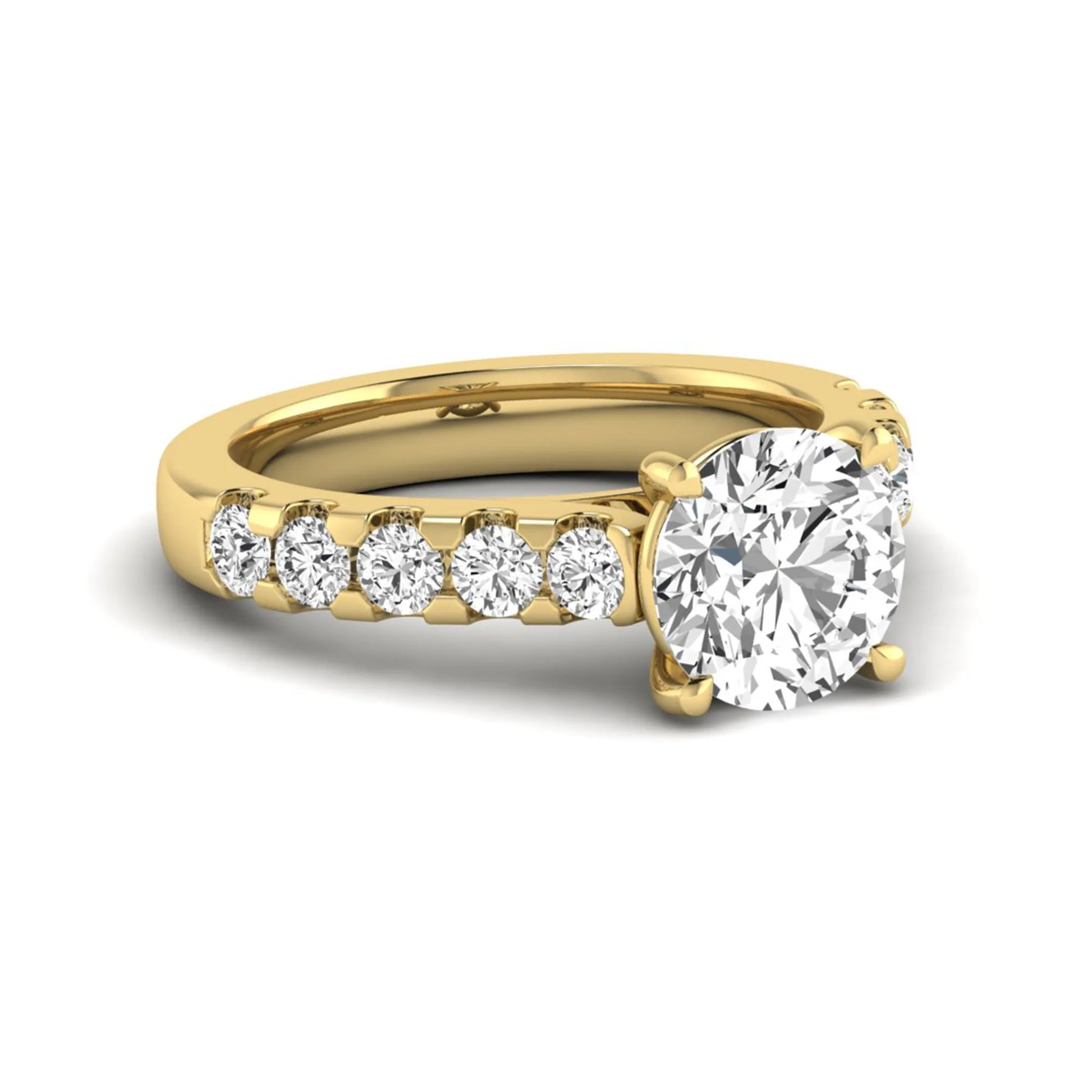Round solitaire accent lab grown diamond engagement ring featuring a 2.50 carat round brilliant IGI certified center diamond with round accent diamonds on a yellow gold band.