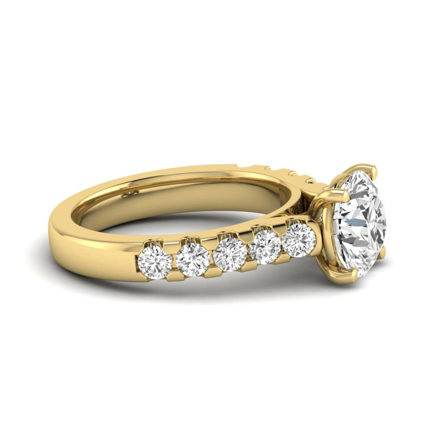 Round solitaire accent lab grown diamond engagement ring featuring a 2.50 carat round brilliant IGI certified center diamond with round accent diamonds on a yellow gold band.