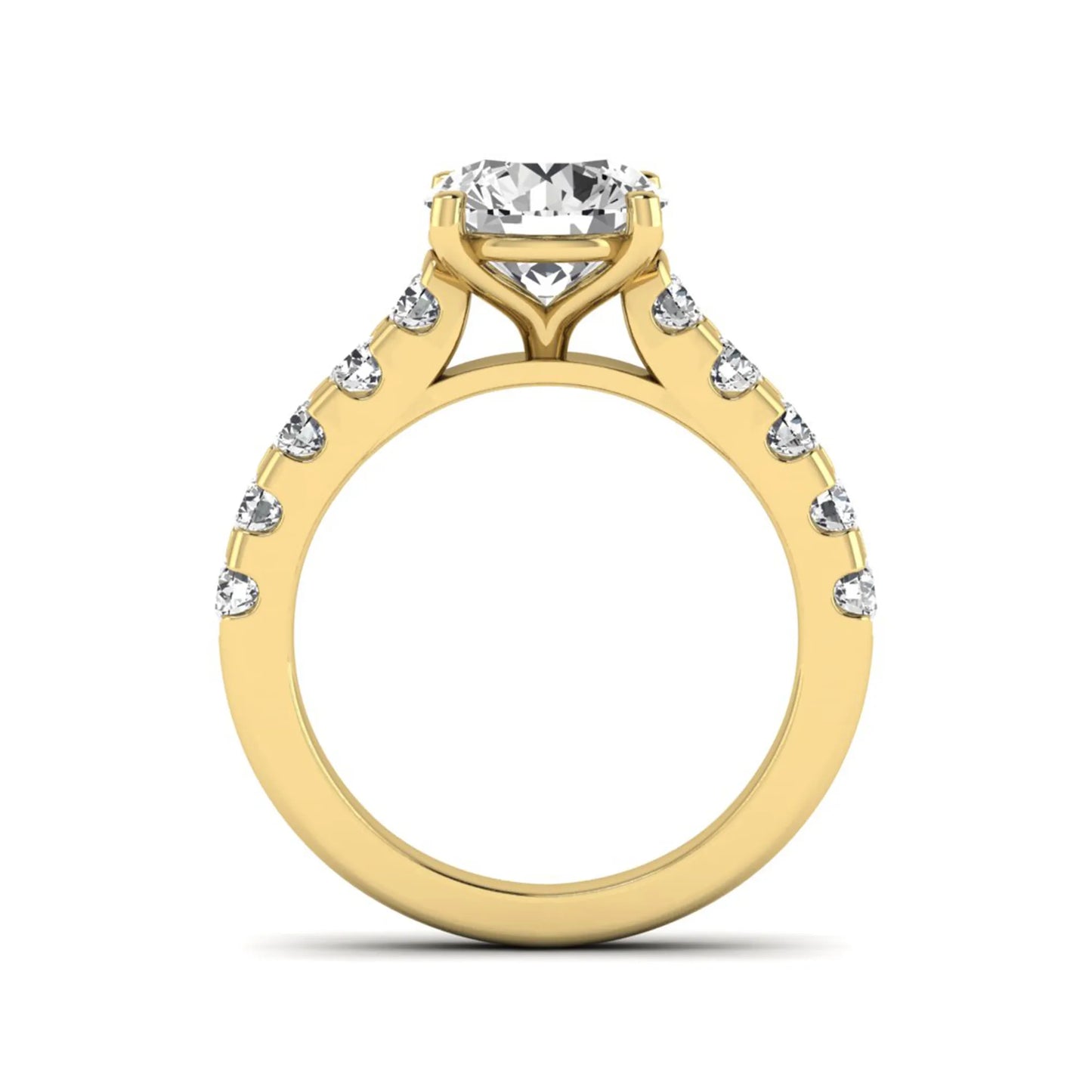 Round solitaire accent lab grown diamond engagement ring featuring a 2.50 carat round brilliant IGI certified center diamond with round accent diamonds on a yellow gold band.