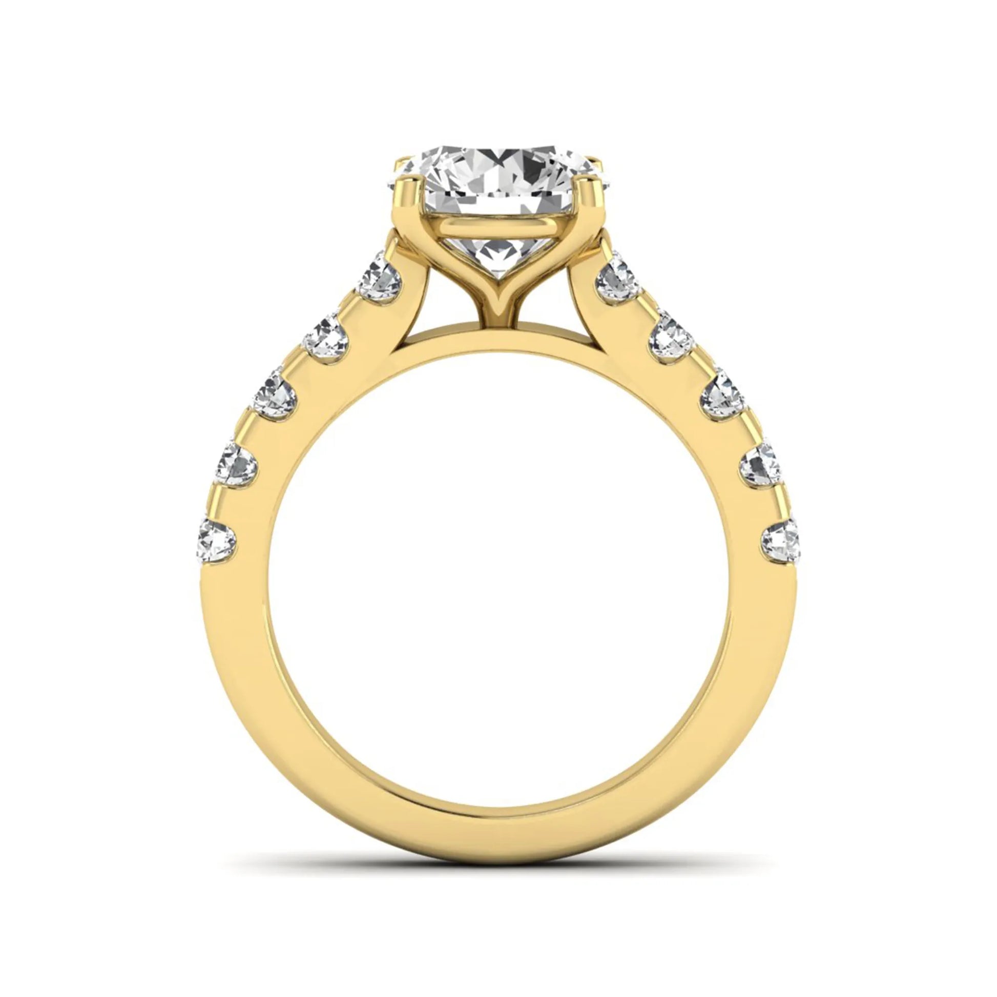 Round solitaire accent lab grown diamond engagement ring featuring a 2.50 carat round brilliant IGI certified center diamond with round accent diamonds on a yellow gold band.