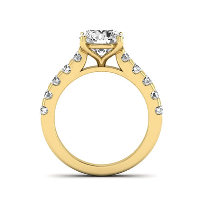 Round solitaire accent lab grown diamond engagement ring featuring a 2.50 carat round brilliant IGI certified center diamond with round accent diamonds on a yellow gold band.