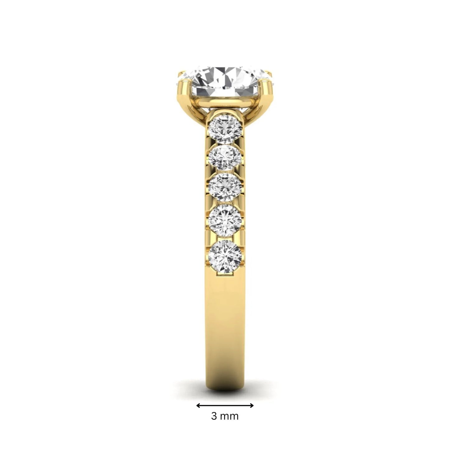 Round solitaire accent lab grown diamond engagement ring featuring a 2.50 carat round brilliant IGI certified center diamond with round accent diamonds on a yellow gold band.