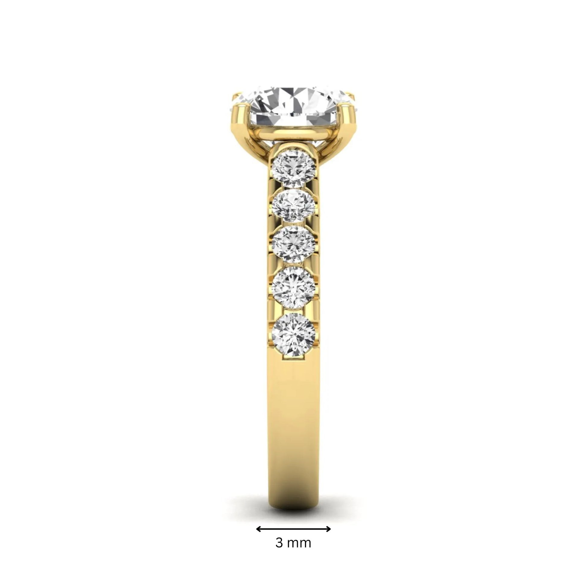Round solitaire accent lab grown diamond engagement ring featuring a 2.50 carat round brilliant IGI certified center diamond with round accent diamonds on a yellow gold band.