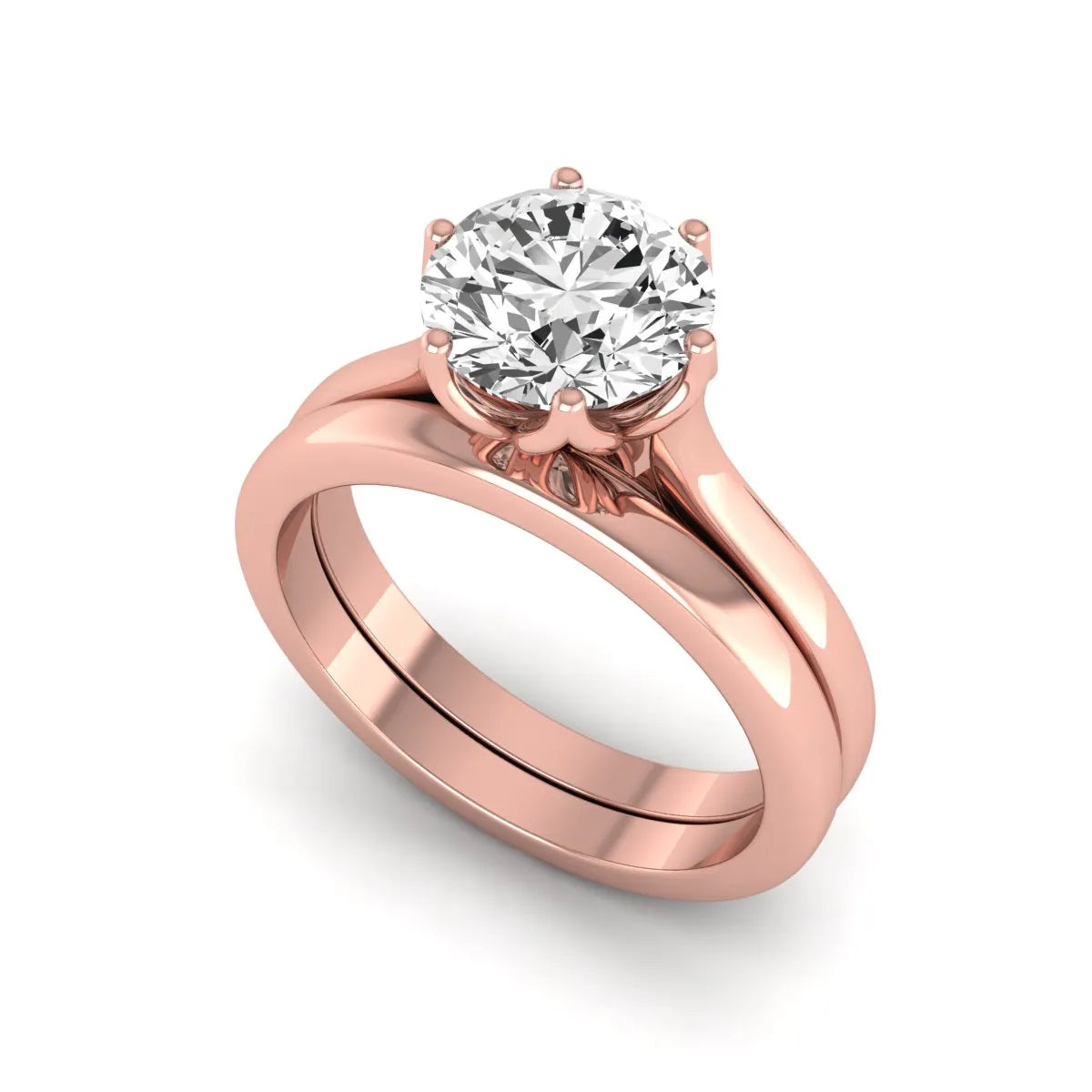 IGI Certified 1.67 carat round cut lab grown diamond solitaire bridal ring set with matching plain wedding band in rose gold.