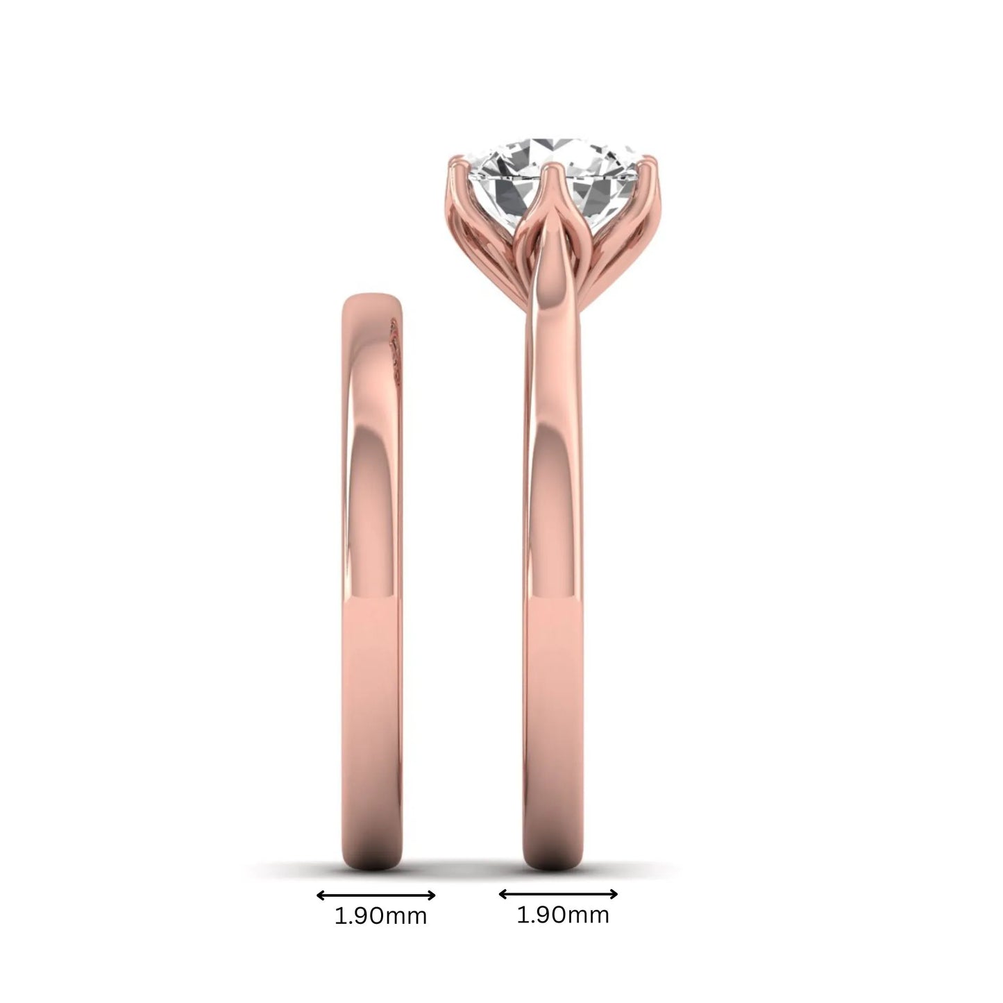 IGI Certified 1.67 carat round cut lab grown diamond solitaire bridal ring set with matching plain wedding band in rose gold.