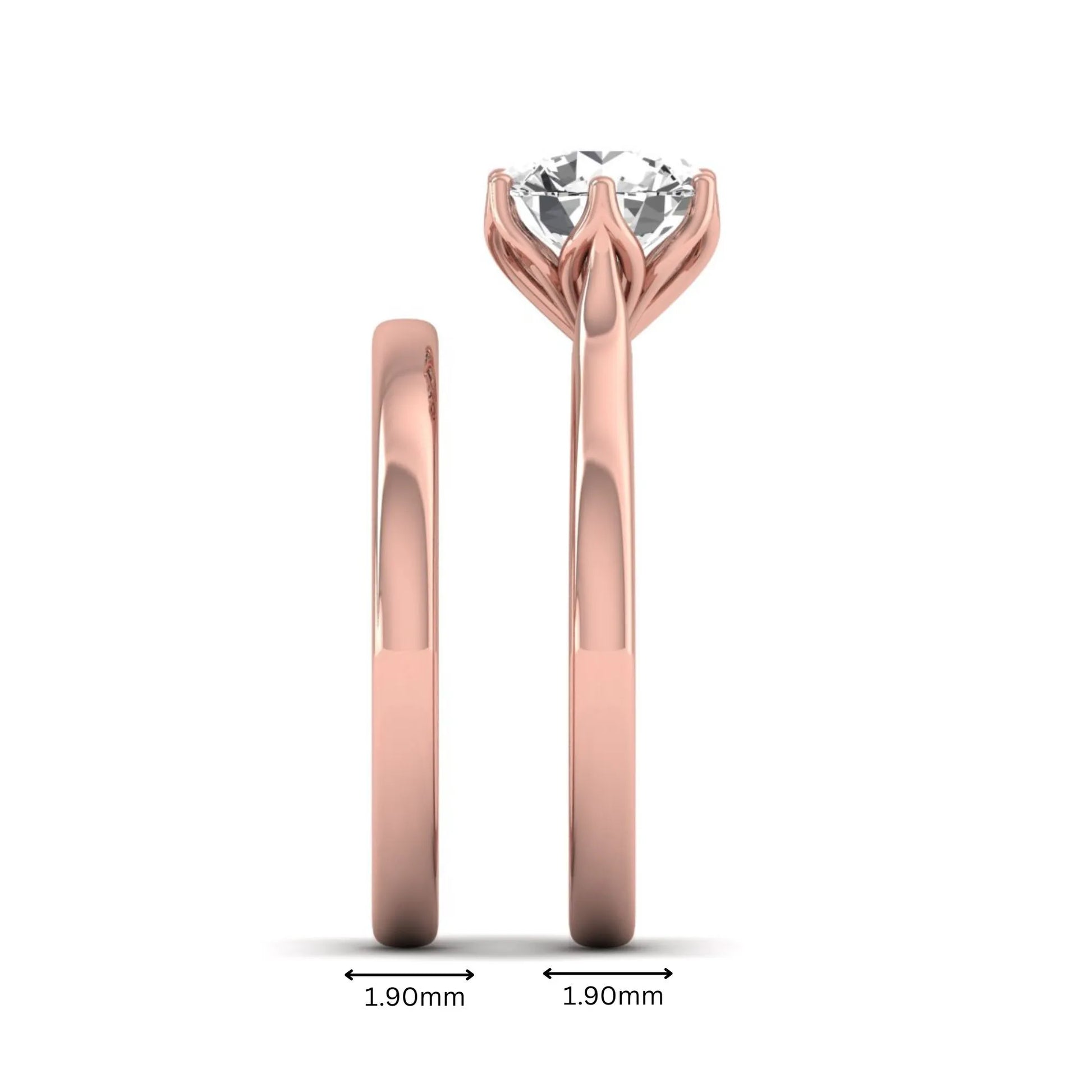 IGI Certified 1.67 carat round cut lab grown diamond solitaire bridal ring set with matching plain wedding band in rose gold.