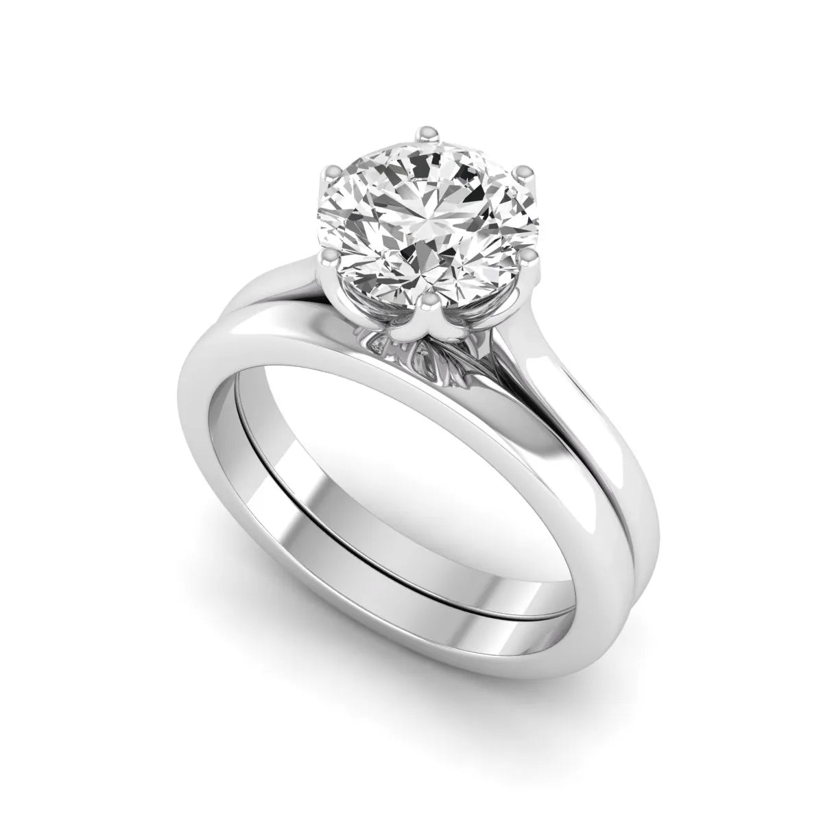 IGI Certified 1.67 carat round cut lab grown diamond solitaire bridal ring set with matching plain wedding band in white gold.