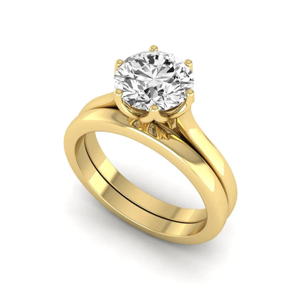 IGI Certified 1.67 carat round cut lab grown diamond solitaire bridal ring set with matching plain wedding band in yellow gold.