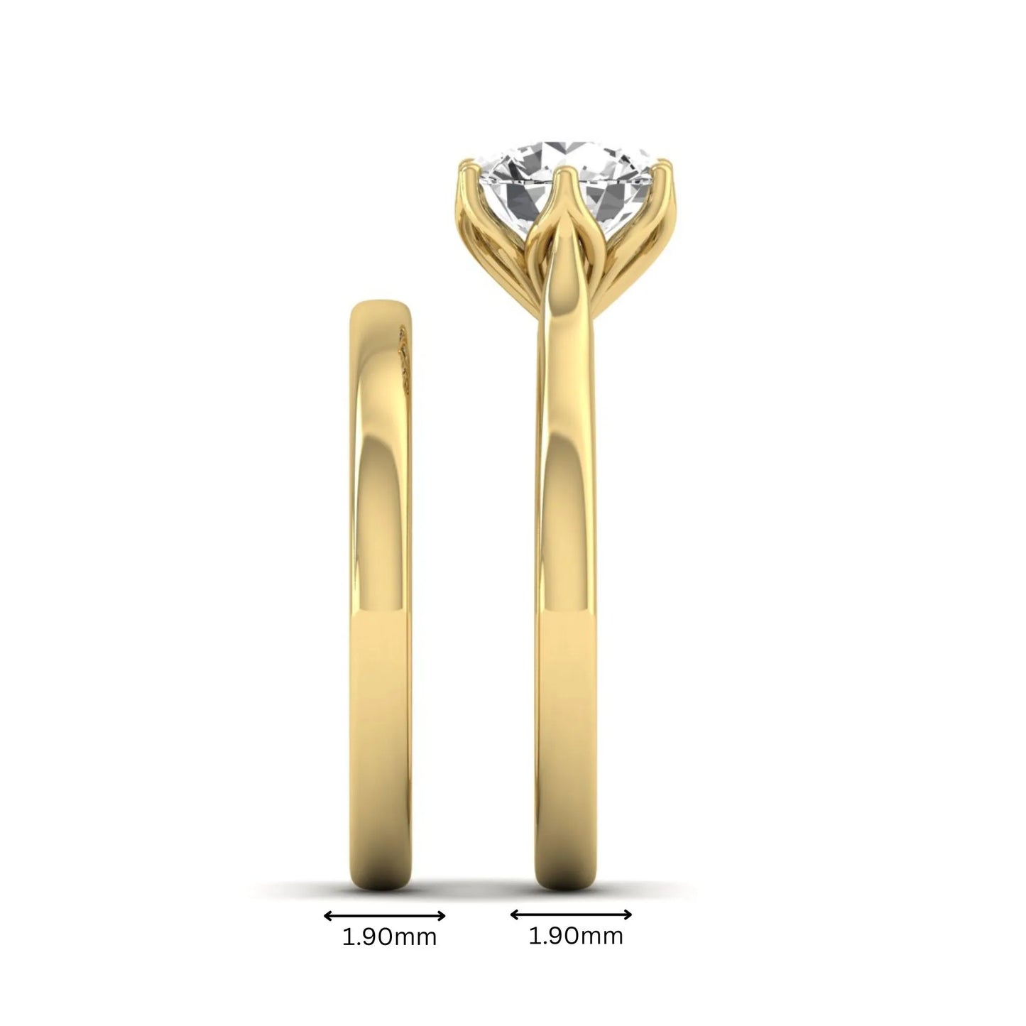IGI Certified 1.67 carat round cut lab grown diamond solitaire bridal ring set with matching plain wedding band in yellow gold.