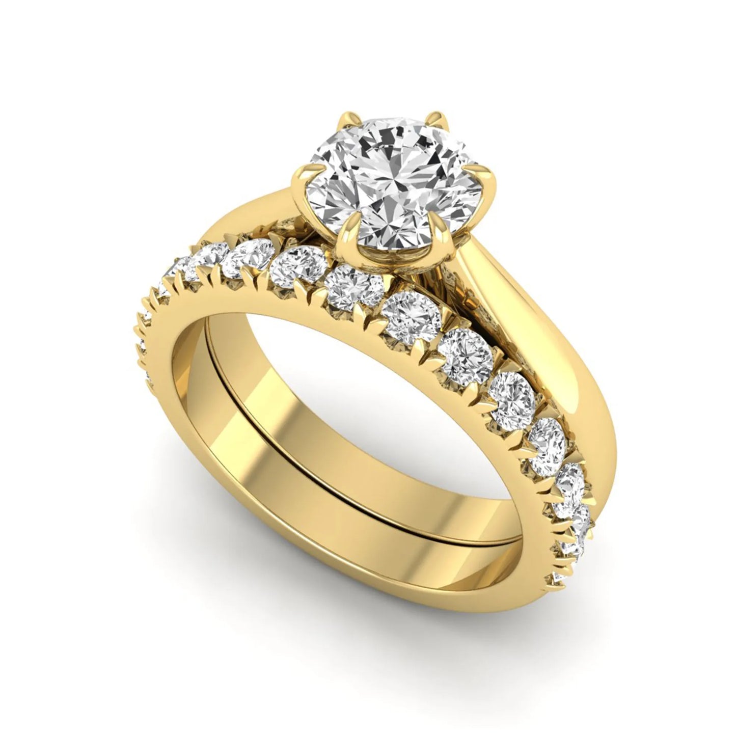 Round cut lab grown diamond solitaire bridal ring set featuring a six-prong engagement ring with a matching shared-prong round diamond wedding band in yellow gold tone design.
