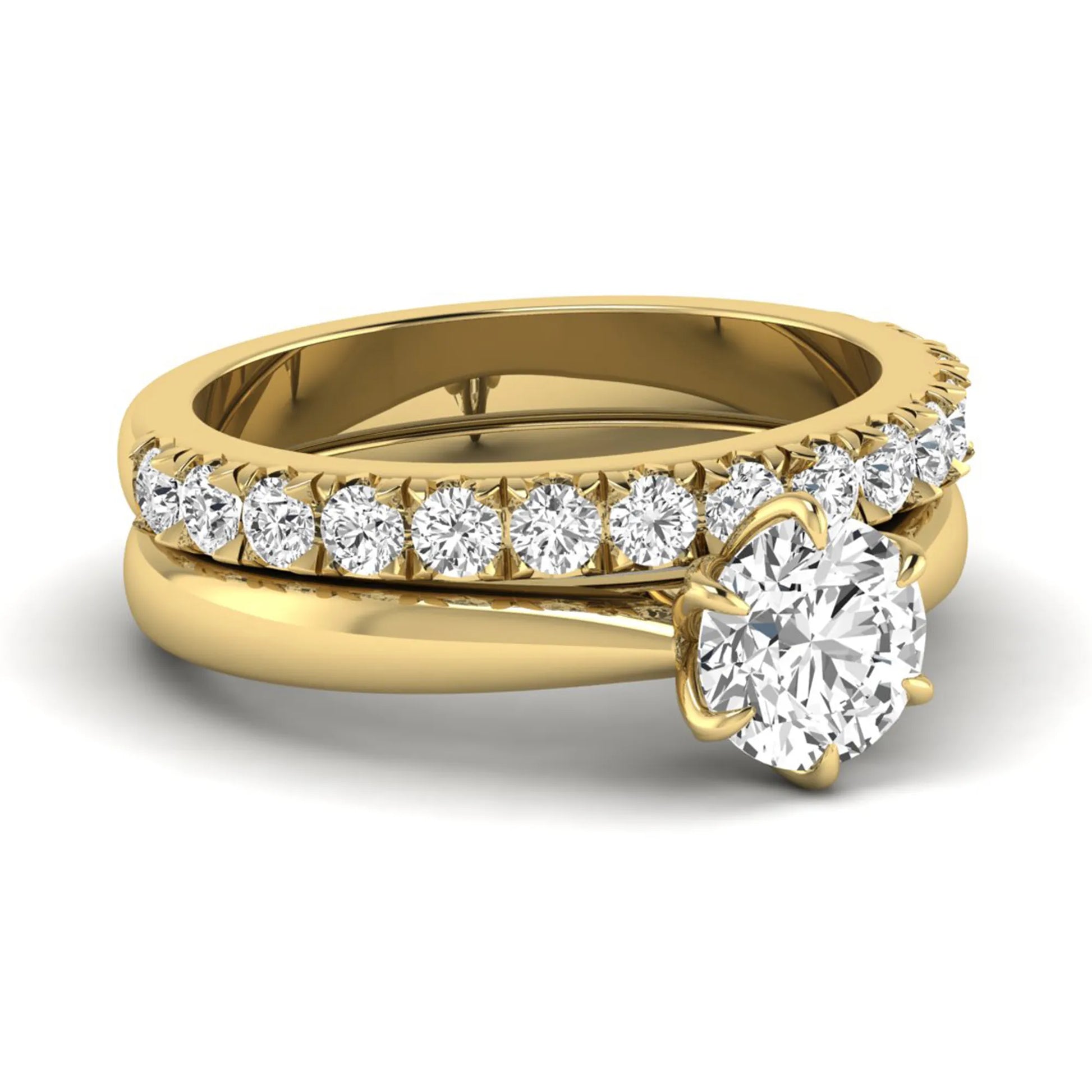 Round cut lab grown diamond solitaire bridal ring set featuring a six-prong engagement ring with a matching shared-prong round diamond wedding band in yellow gold tone design.