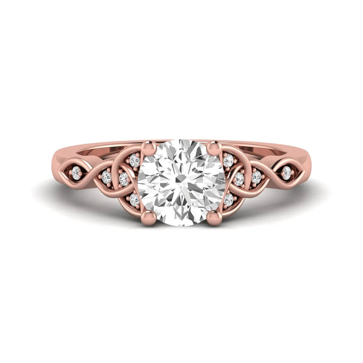Round cut lab grown diamond solitaire engagement ring featuring a four-prong center diamond with an intricate Celtic knot-inspired band and round accent diamonds in a rose gold finish.
