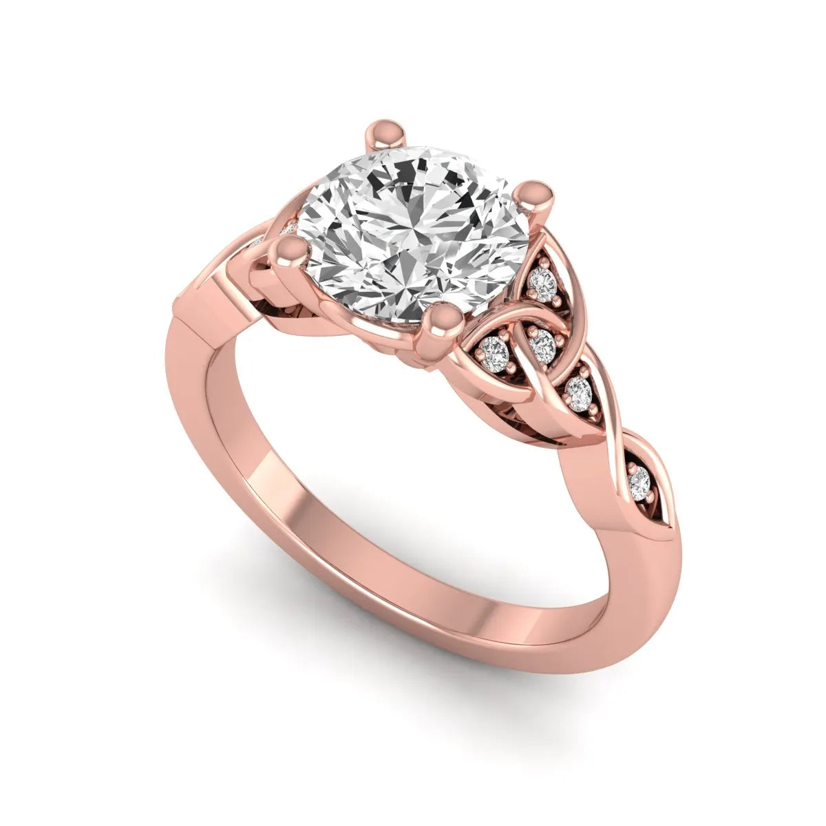 Round cut lab grown diamond solitaire engagement ring featuring a four-prong center diamond with an intricate Celtic knot-inspired band and round accent diamonds in a rose gold finish.