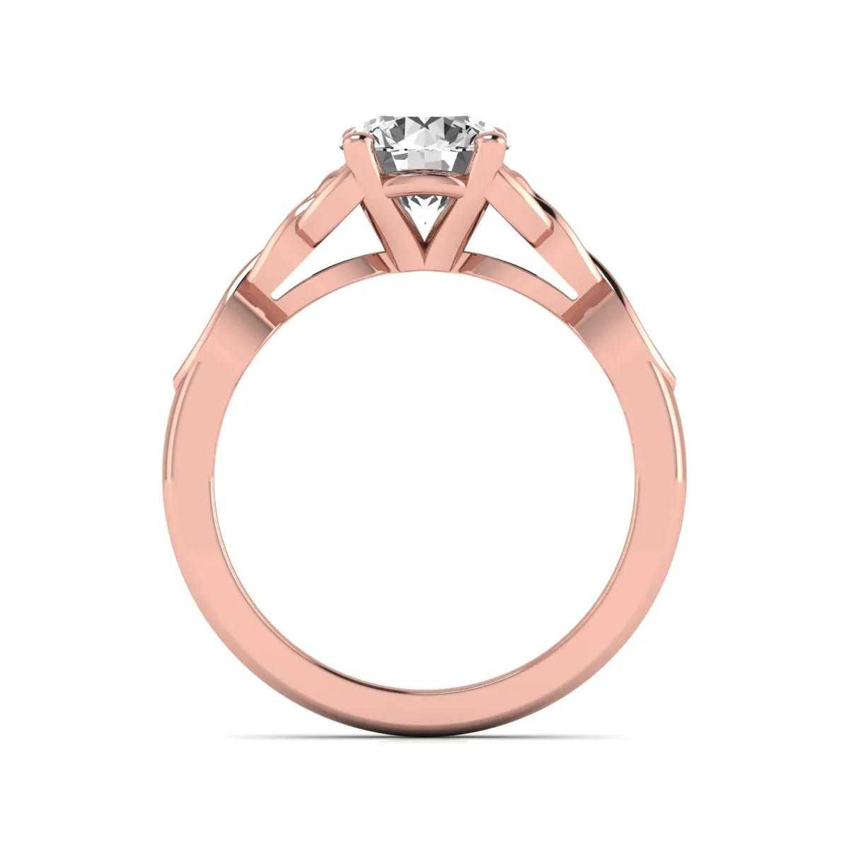 Round cut lab grown diamond solitaire engagement ring featuring a four-prong center diamond with an intricate Celtic knot-inspired band and round accent diamonds in a rose gold finish.