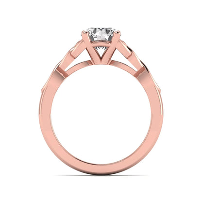 Round cut lab grown diamond solitaire engagement ring featuring a four-prong center diamond with an intricate Celtic knot-inspired band and round accent diamonds in a rose gold finish.