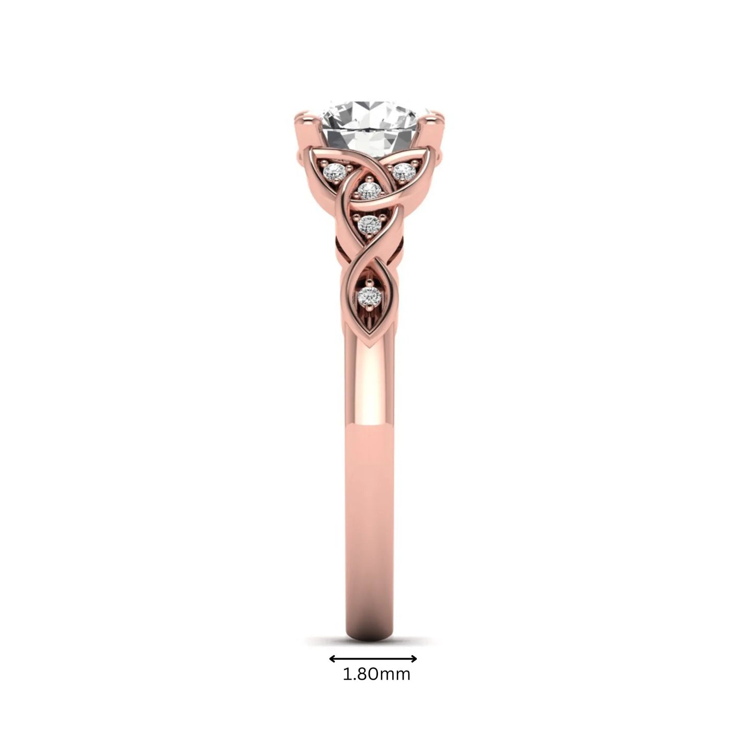 Round cut lab grown diamond solitaire engagement ring featuring a four-prong center diamond with an intricate Celtic knot-inspired band and round accent diamonds in a rose gold finish.