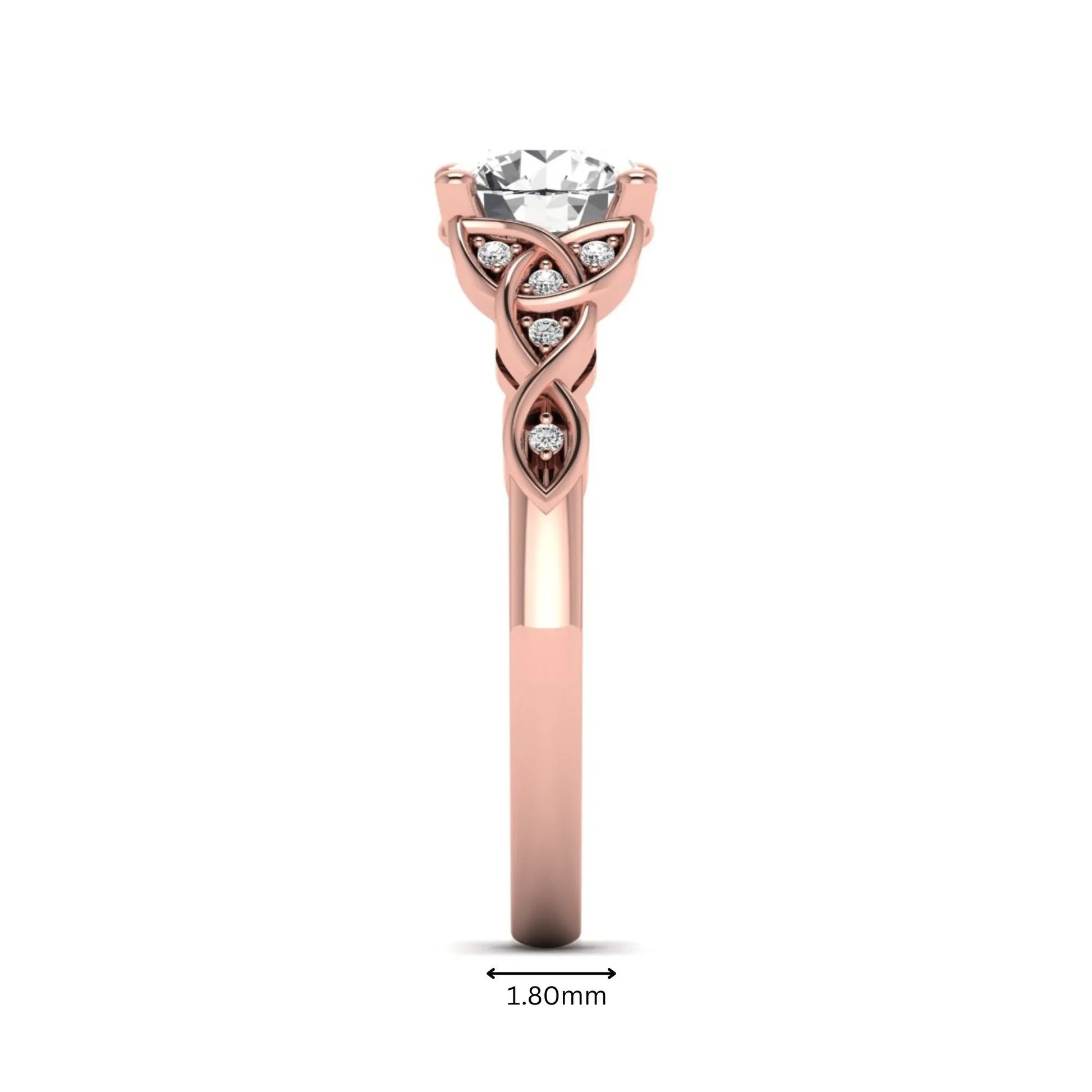 Round cut lab grown diamond solitaire engagement ring featuring a four-prong center diamond with an intricate Celtic knot-inspired band and round accent diamonds in a rose gold finish.
