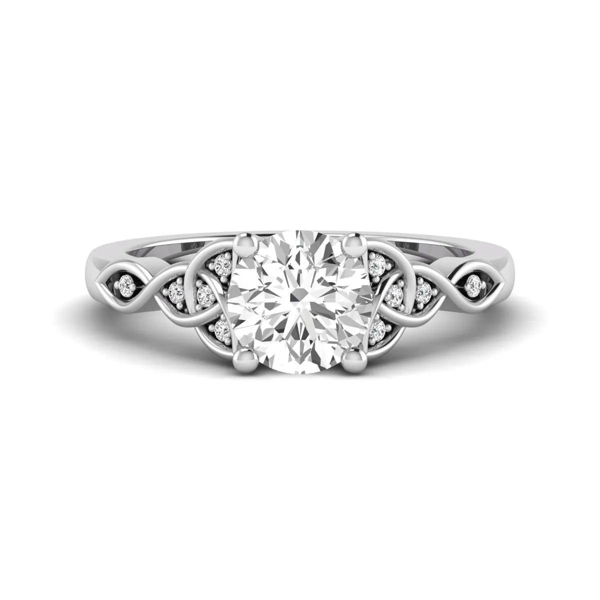 Round cut lab grown diamond solitaire engagement ring featuring a four-prong center diamond with an intricate Celtic knot-inspired band and round accent diamonds in a white gold finish.