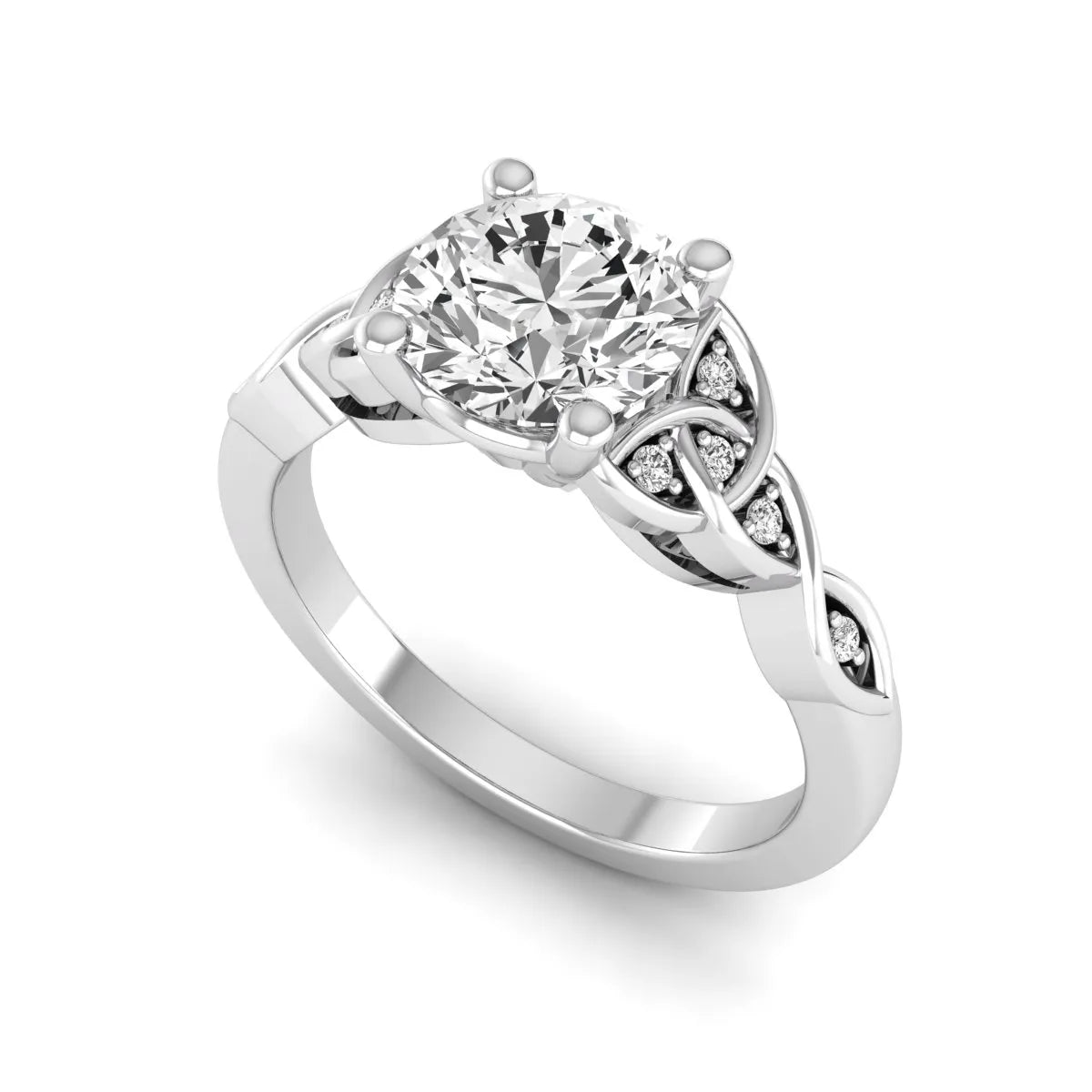 Round cut lab grown diamond solitaire engagement ring featuring a four-prong center diamond with an intricate Celtic knot-inspired band and round accent diamonds in a white gold finish.