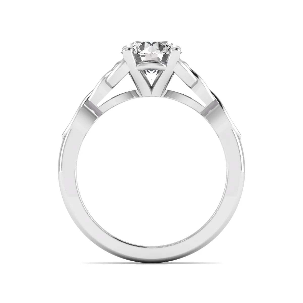 Round cut lab grown diamond solitaire engagement ring featuring a four-prong center diamond with an intricate Celtic knot-inspired band and round accent diamonds in a white gold finish.