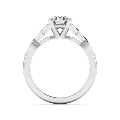 Round cut lab grown diamond solitaire engagement ring featuring a four-prong center diamond with an intricate Celtic knot-inspired band and round accent diamonds in a white gold finish.