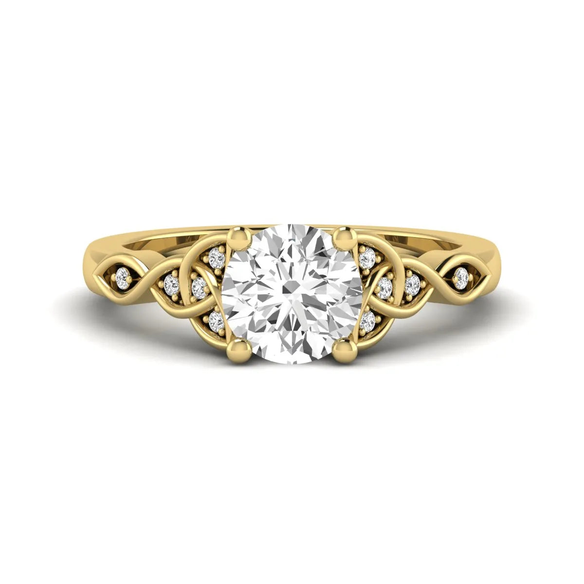 Round cut lab grown diamond solitaire engagement ring featuring a four-prong center diamond with an intricate Celtic knot-inspired band and round accent diamonds in a yellow gold finish.