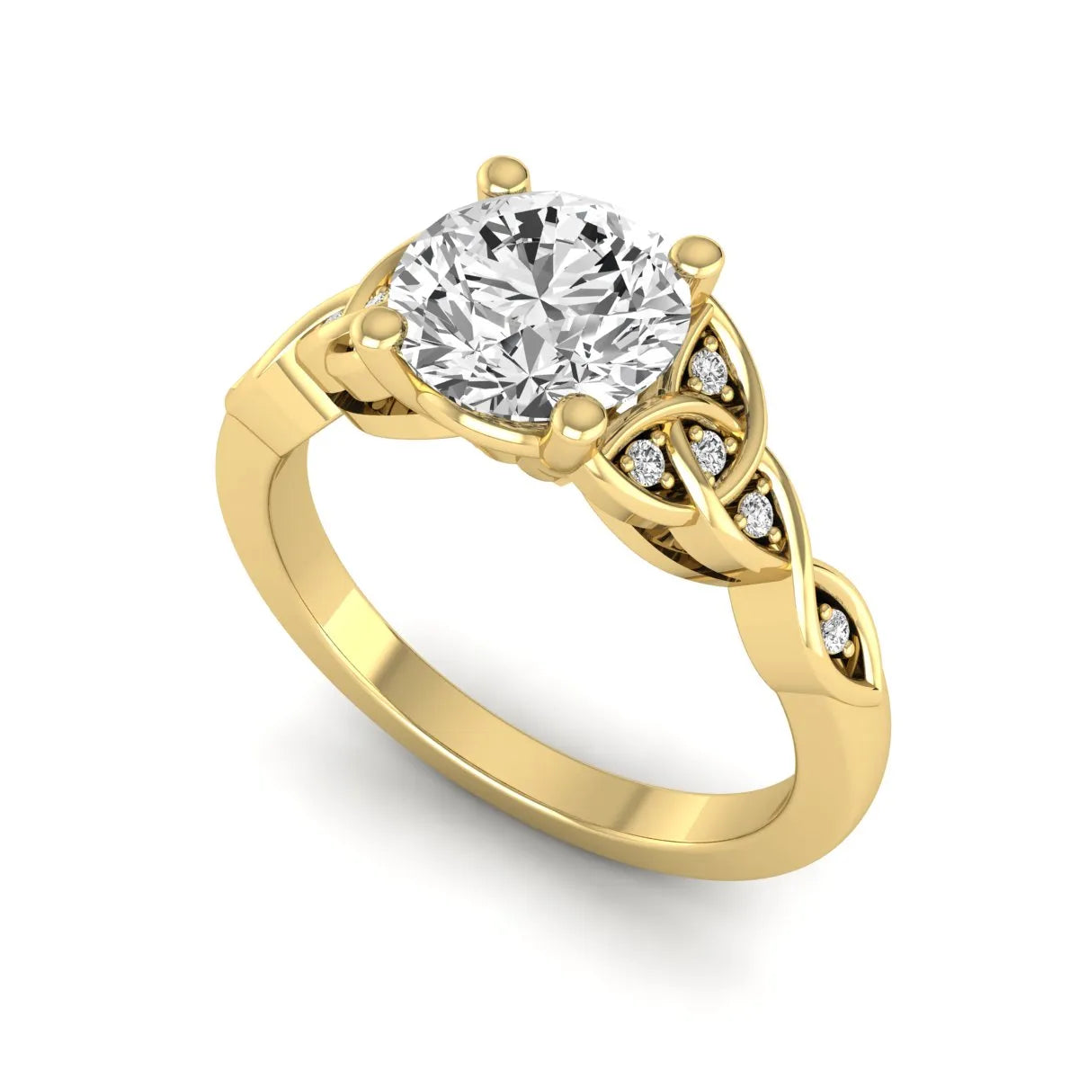 Round cut lab grown diamond solitaire engagement ring featuring a four-prong center diamond with an intricate Celtic knot-inspired band and round accent diamonds in a yellow gold finish.