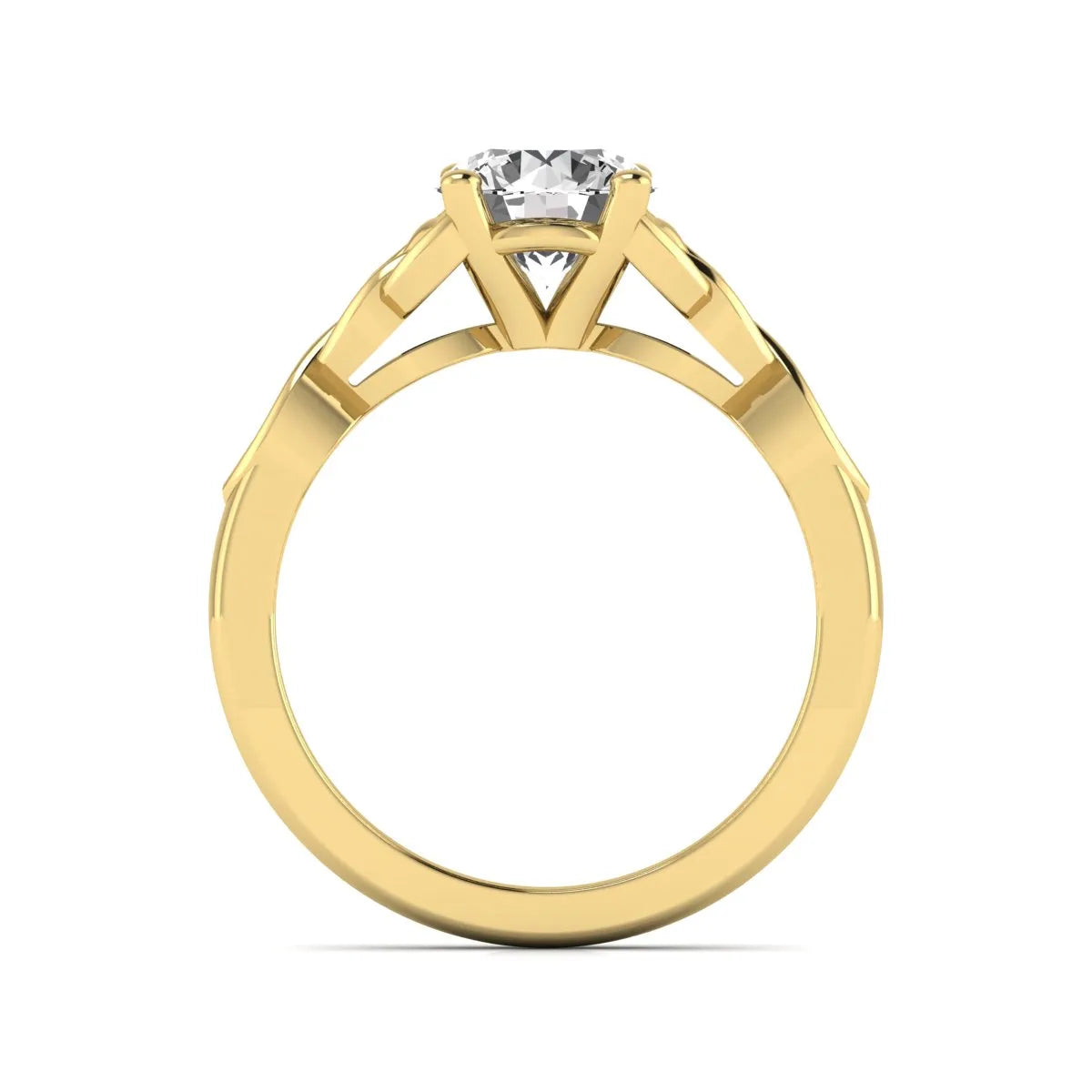 Round cut lab grown diamond solitaire engagement ring featuring a four-prong center diamond with an intricate Celtic knot-inspired band and round accent diamonds in a yellow gold finish.