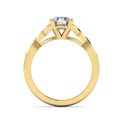 Round cut lab grown diamond solitaire engagement ring featuring a four-prong center diamond with an intricate Celtic knot-inspired band and round accent diamonds in a yellow gold finish.