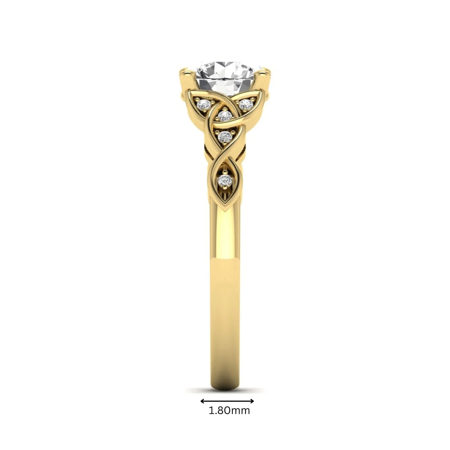 Round cut lab grown diamond solitaire engagement ring featuring a four-prong center diamond with an intricate Celtic knot-inspired band and round accent diamonds in a yellow gold finish.