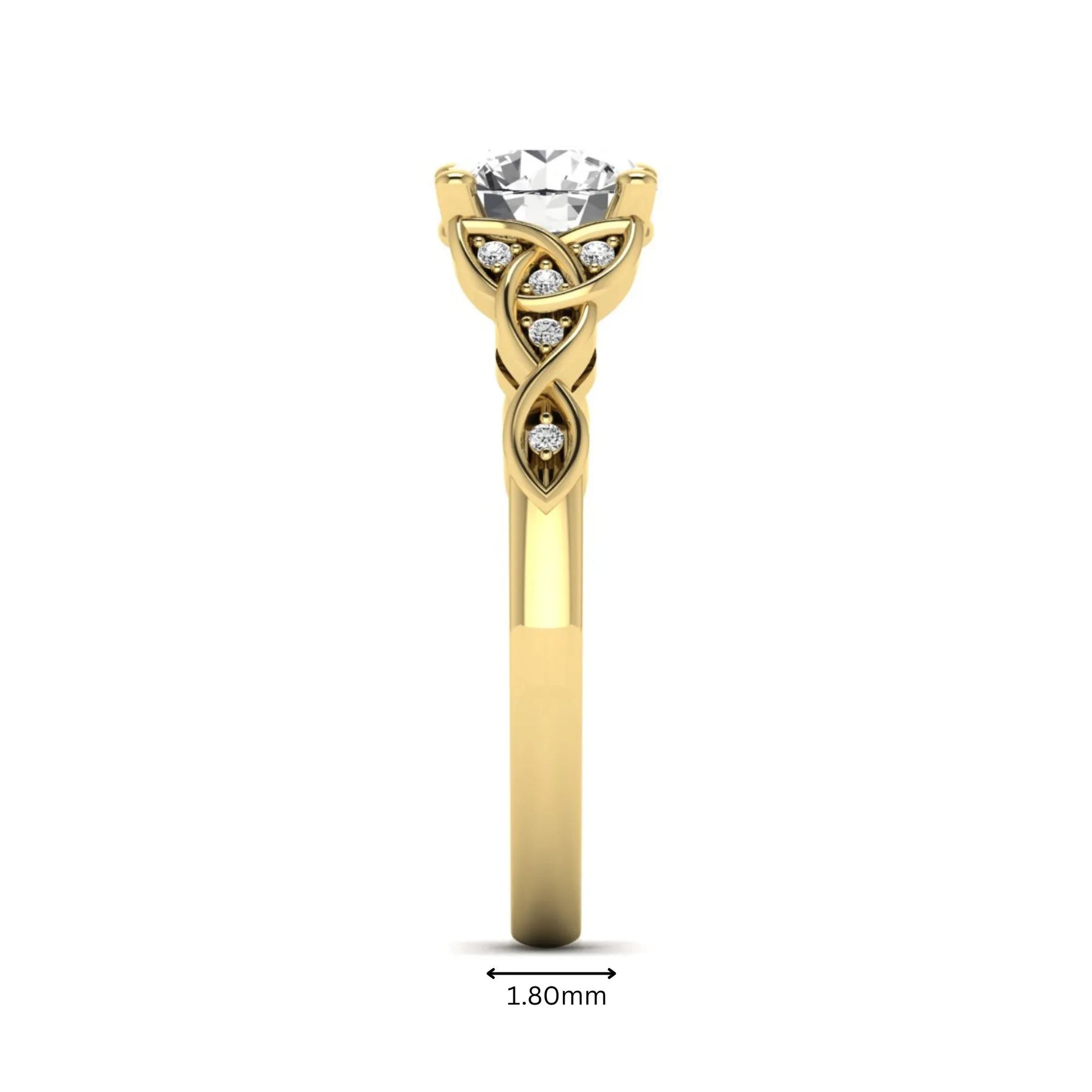 Round cut lab grown diamond solitaire engagement ring featuring a four-prong center diamond with an intricate Celtic knot-inspired band and round accent diamonds in a yellow gold finish.
