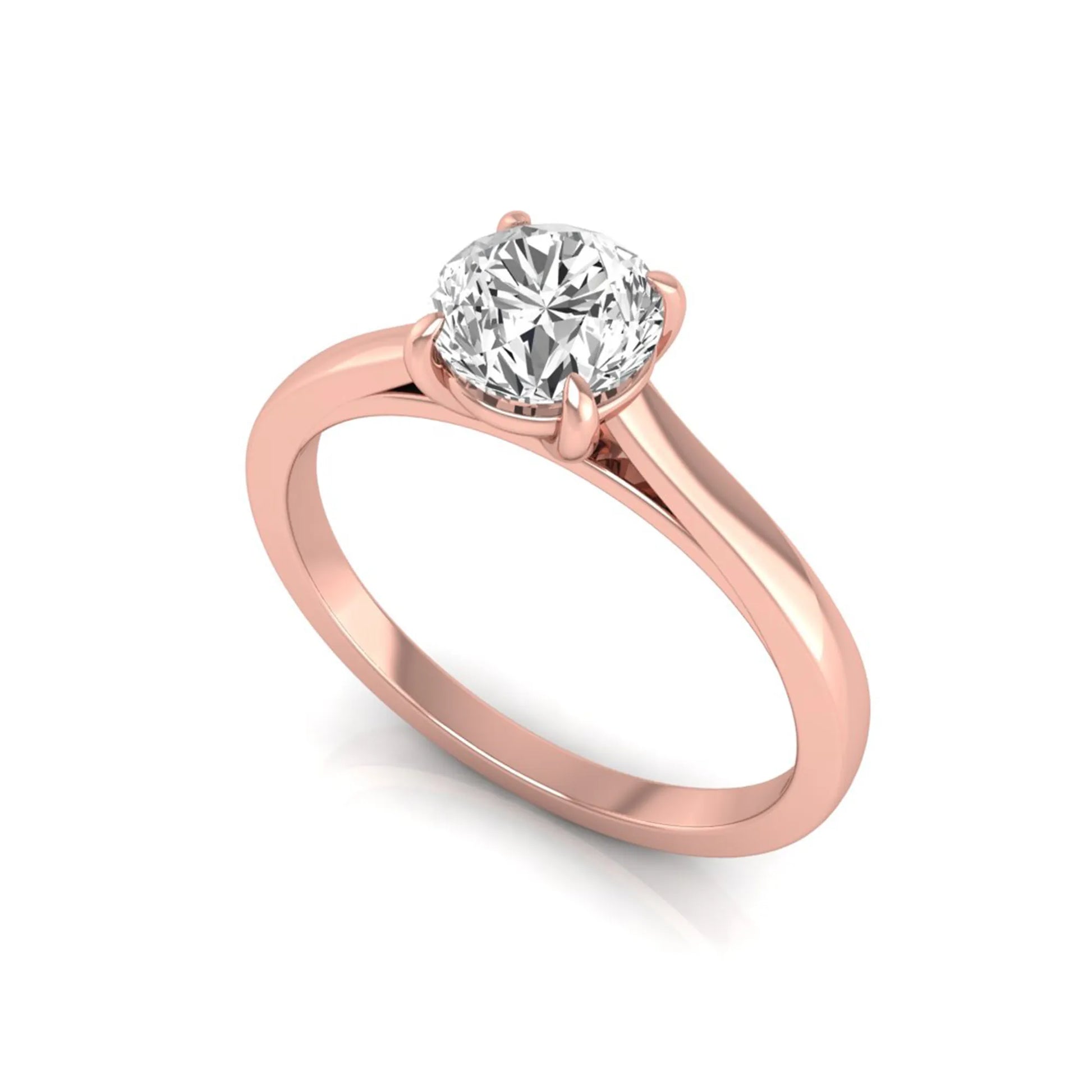 Round cut lab grown diamond solitaire engagement ring featuring an IGI certified center diamond in a classic four-prong setting with a slim polished band in rose gold
