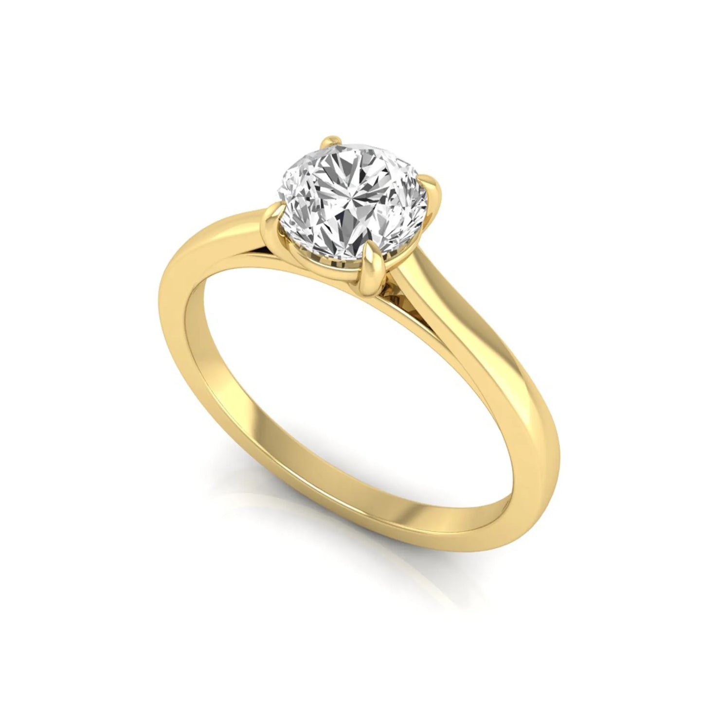 Round cut lab grown diamond solitaire engagement ring featuring an IGI certified center diamond in a classic four-prong setting with a slim polished band in yellow gold