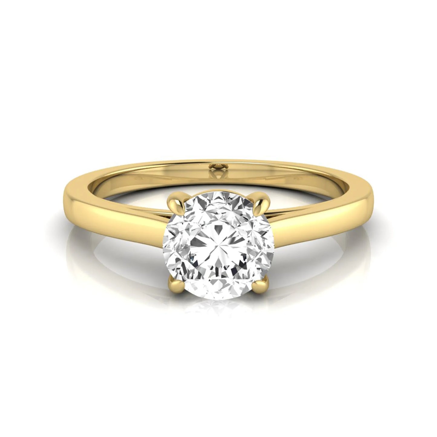 Round cut lab grown diamond solitaire engagement ring featuring an IGI certified center diamond in a classic four-prong setting with a slim polished band in yellow gold