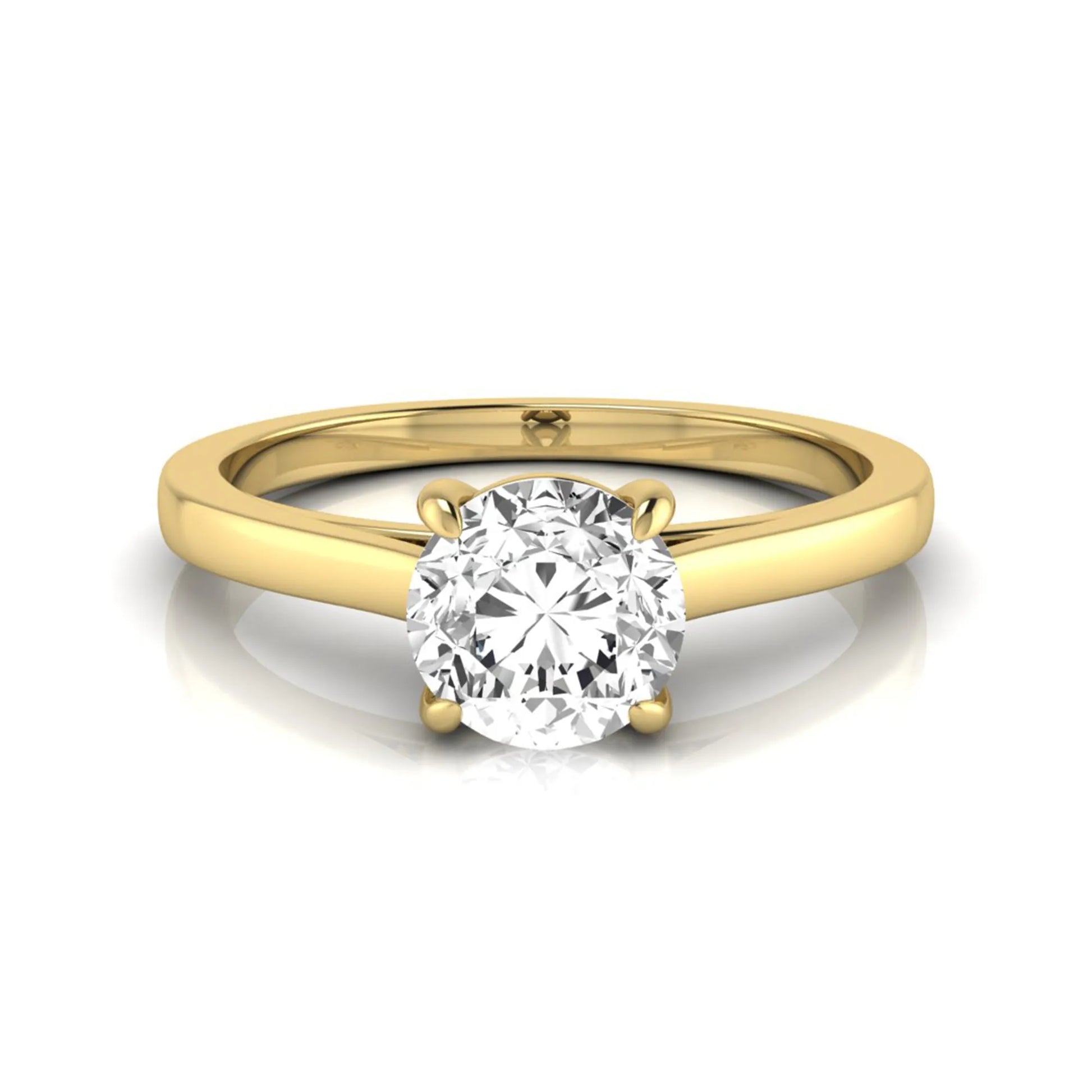 Round cut lab grown diamond solitaire engagement ring featuring an IGI certified center diamond in a classic four-prong setting with a slim polished band in yellow gold