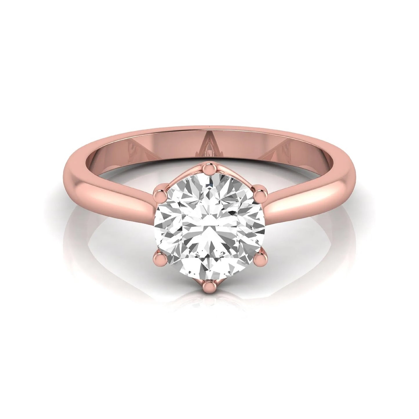 Round cut lab grown diamond solitaire engagement ring featuring an IGI certified center diamond in a classic six-prong cathedral setting in rose gold