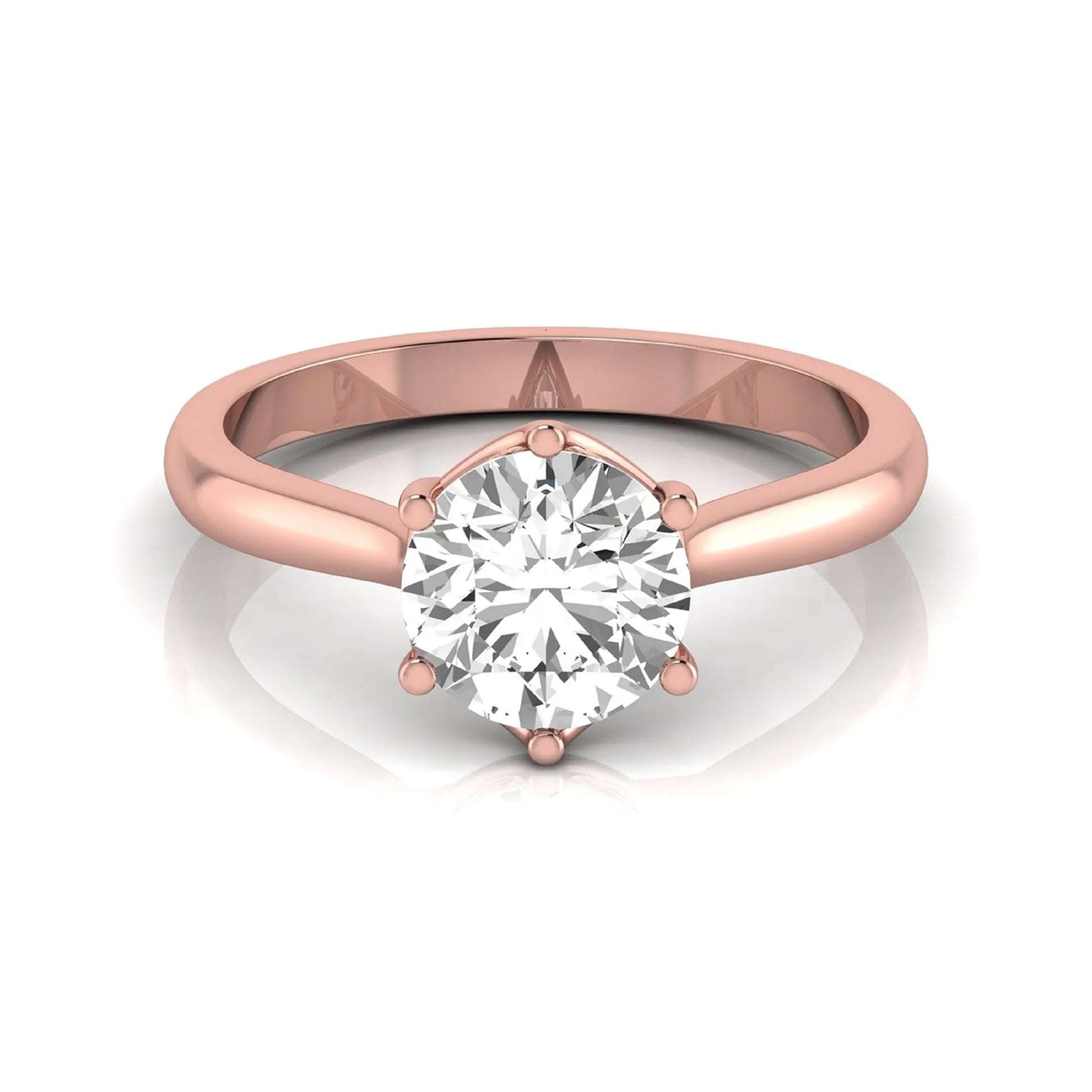Round cut lab grown diamond solitaire engagement ring featuring an IGI certified center diamond in a classic six-prong cathedral setting in rose gold