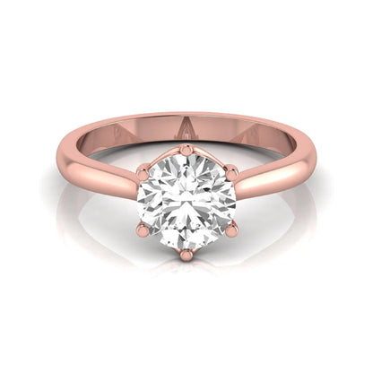 Round cut lab grown diamond solitaire engagement ring featuring an IGI certified center diamond in a classic six-prong cathedral setting in rose gold