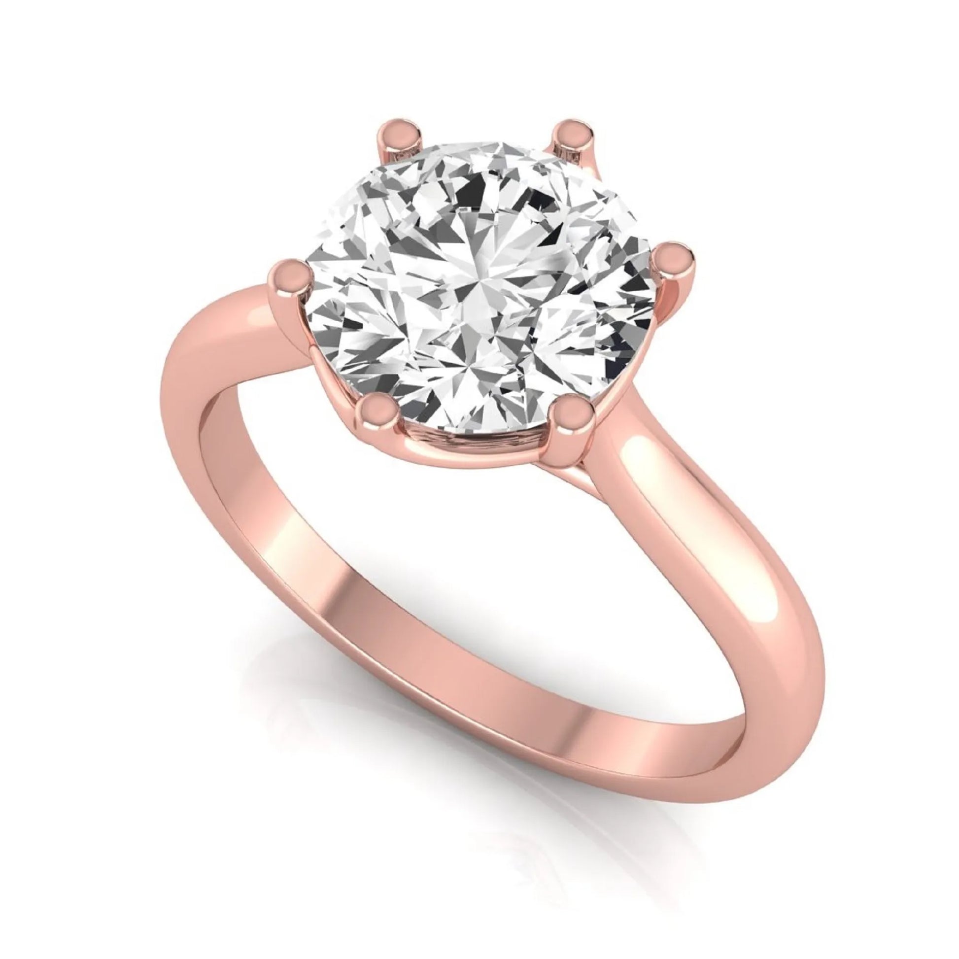 Round cut lab grown diamond solitaire engagement ring featuring an IGI certified center diamond in a classic six-prong cathedral setting in rose gold